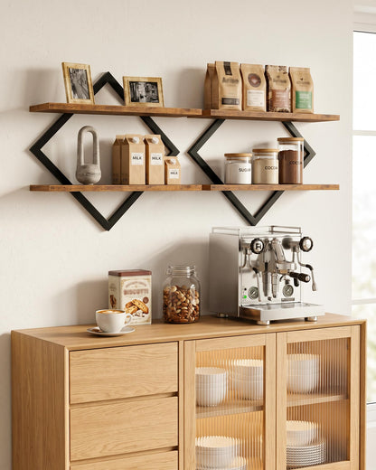 CHOEZON Floating Shelves, Set of 2 Wall Shelves, 2-Tier Hanging Shelves, Wall Shelf Set of 2, Wall Mounted Shelves, for Living Room, Bedroom, Kitchen, Office, Study, Rustic Brown TBJ01P2BF