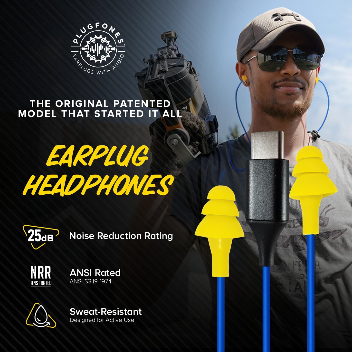 Plugfones Basic Earplug-Earbud Hybrid Earplug Headphones 25 dB Noise Reduction Rating Wired Noise Reducing Earphones Safety Earplugs for Work USB C Connector Yellow
