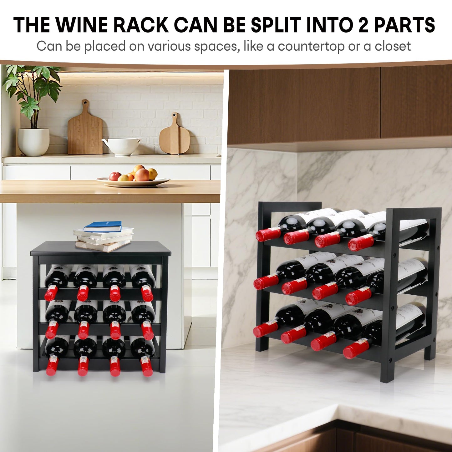 Thalomely Wine Rack Free Standing Floor, 6-Tier 24 Bottles Display Wine Storage Shelves with Table Top, Easy-Assembly Freestanding Bamboo Wine Racks for Kitchen Dining Room Bar, Black