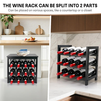 Thalomely Wine Rack Free Standing Floor, 6-Tier 24 Bottles Display Wine Storage Shelves with Table Top, Easy-Assembly Freestanding Bamboo Wine Racks for Kitchen Dining Room Bar, Black