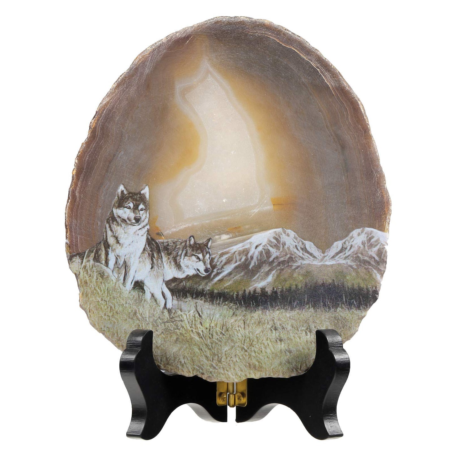 mookaitedecor Natural Agate Slice Art Print Wolves Table Display with Wooden Stand, Irregular Agate Geode Stone Figurine for Office & Home Decoration