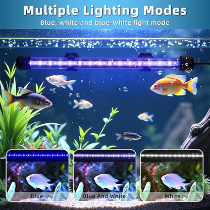 LED Submersible Aquarium Light 6W Underwater Fish Tank Light with Blue White&Blue and White Three Light Modes Timer Automatic On/Off and Dimmer Brightness Adjustable (11inch)