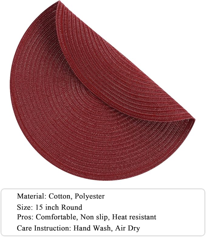 SHACOS Round Placemats Set of 8 for Dining Table 15 inch Round Braided Place Mats Cotton Polyester Washable Non Slip Kitchen Table Mats, Burgundy