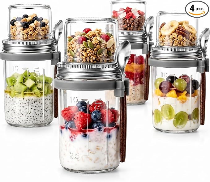 4 Pack Overnight Oats Containers With Lids And Spoons, (16Oz+5Oz) Glass Mason Jars With Dry And Wet Separation For Cereal Nut Fruit Salad Chia Pudding Yogurt, Meal Prep Jars