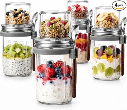 4 Pack Overnight Oats Containers With Lids And Spoons, (16Oz+5Oz) Glass Mason Jars With Dry And Wet Separation For Cereal Nut Fruit Salad Chia Pudding Yogurt, Meal Prep Jars