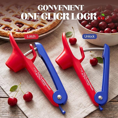 Cherry Pitter - UCMORX Stainless Steel Cherries Pitter Tool Cherries Corer Cherry Remover for Making Cherry Jam with Lock Design(Red&Blue)