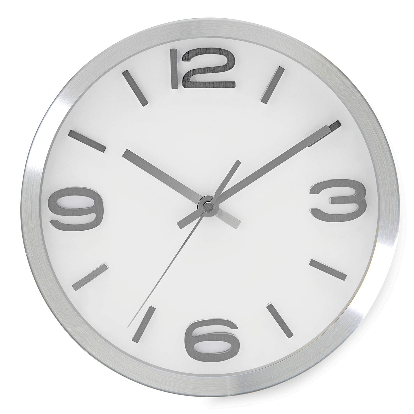 Bernhard Products Modern Wall Clock 10 Inch Silver Silent Non Ticking Battery Operated Round Elegant Metal Quality Quartz for Kitchen Home Office Clock with 3D Numbers, Easy to Read