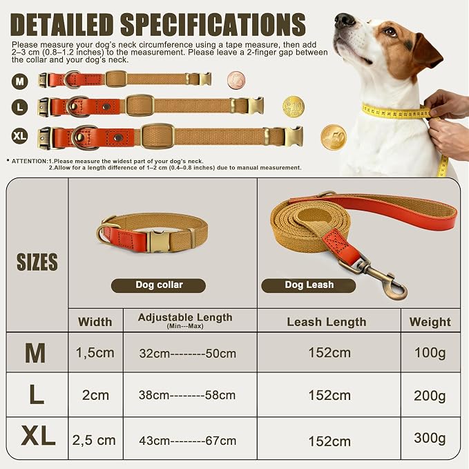 Dog Collar and Leash Set with Metal Quick Release Buckle, Adjustable, Breathable Nylon, Durable, Soft and Comfortable, No Pull for Walking and Training, Khaki, M (12.6"-19.6")