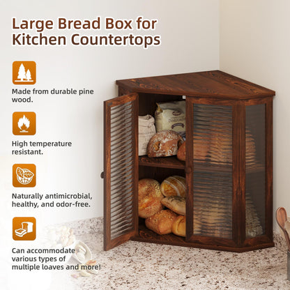 WouZglk Corner Bread Box for Kitchen Counter, 16.7 Inch Extra Large 2-Tier Farmhouse Bread Box with Natural Pine Wood Grain, Dual Wave Glass Doors and Adjustable Shelf(Pine Wood)