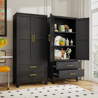 GAIOUS Steel Pantry Cabinet, 71" Metal Storage Cabinets with 2 Doors | 2 Adjustable Shelf and 2 Drawers, Freestanding Storage Cabinet for Bedroom, Kitchen, Home Office (Black)