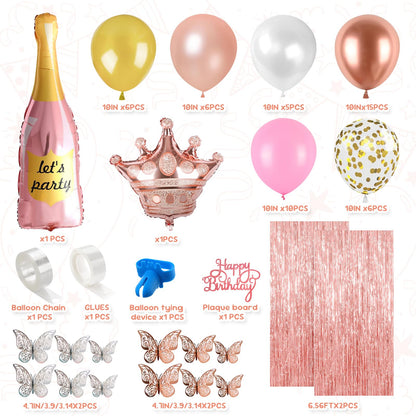 Pink Happy Birthday Decoration Kit: 96pcs Reusable Happy Birthday Banner & Balloon Garland Set, Pink Gold Party Supplies for Women Men Adults Kids, Backdrop Decor