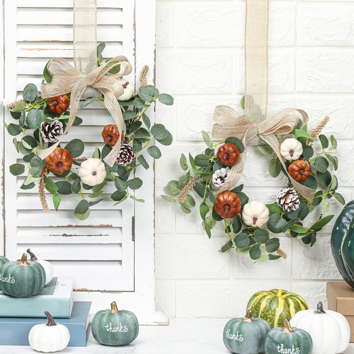 Syhood 2 Pcs 9" Mini Fall Wreath Small Pumpkin Cabinet Wreath Autumn Eucalyptus Decor with Rustic Bow for Fall Harvest Thanksgiving Porch Wall Window Decor(Eucalyptus Pumpkin Style)