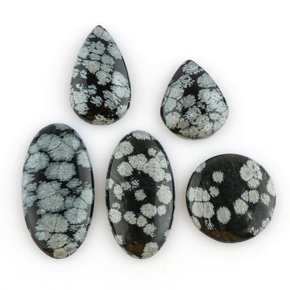 CRYSTALINES 5pcs, Natural Snowflake Obsidian Gemstone Cabochon, Wholesale Flatback Crystal for Jewelry Making, Polished Stones, Bulk Loose Supply, Artisan Crafts, Wire Wrapping, Gem Collection