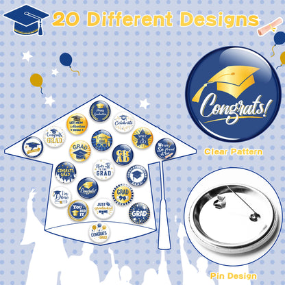 Dvbonike 40Pcs Graduation Button Pins, Class of 2024 Round Badges for Congrats Grad, Graduation Ceremony Party Gifts Supplies Blue and Gold Clothing Bag Decoration for College School Students