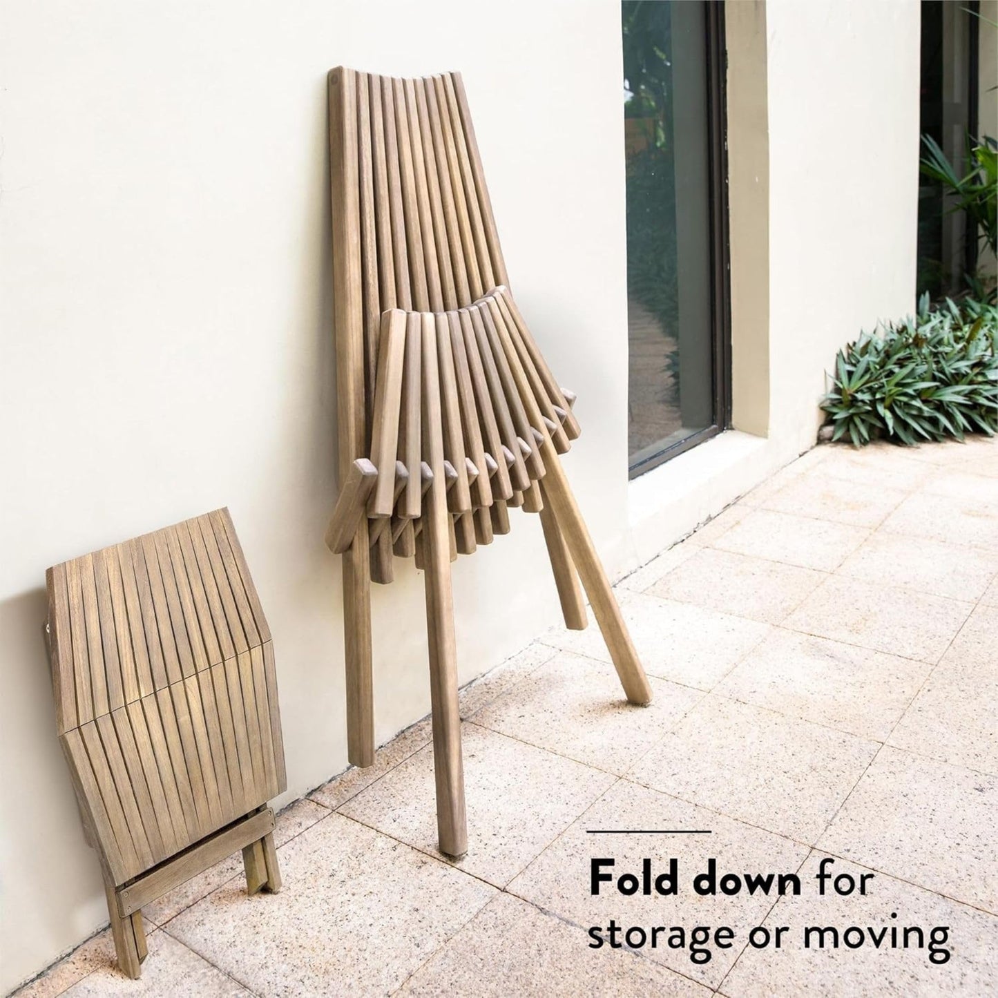 Melino Tamarack Acacia Wood Folding Lounge Chair with Weather-Resistant, Natural Finish – Low Profile Boho Outdoor Lounger Furniture with Tall Backrest for Patio, Backyard, Beach, and Camping