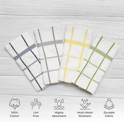 100% Cotton Terry Dish Towels, 4 Pack Checks, 16 x26 Inches, Super Soft and