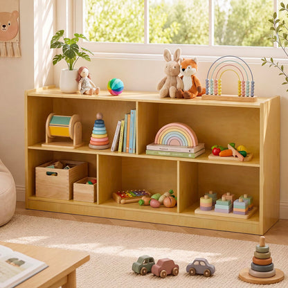 STEPLAY Montessori Shelf, Wooden Toy Storage Organizer with 2-Tier Shelf & 5-Section Storage Cabinet, Kids Bookshelf/Bookcase for Toddler Playroom, Nursery, Classroom(Natural)