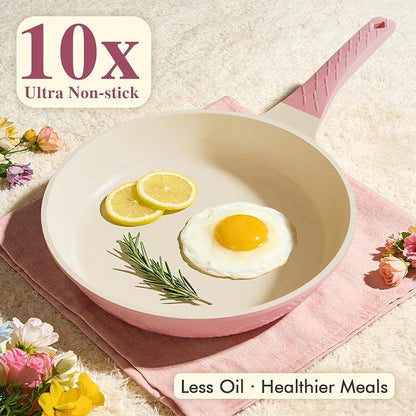 Pots and Pans Set Non Stick, 26PCS Nonstick Cookware Set, Induction Cook Ware, Includes Steamer & Silicone Utensils, Housewarming Gift, Pink Kitchen Cooking Sets w/Frying pan (PFOS, PFOA Free)