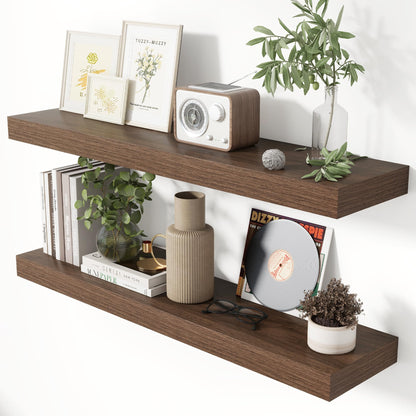 Heimlove 36 Inch Floating Shelves for Wall 8 Inch Deep Walnut Shelves Set of 2,Wall Mounted Rustic Wood Long Floating Shelf with Invisible Brackets for Bedroom Kitchen Living Room