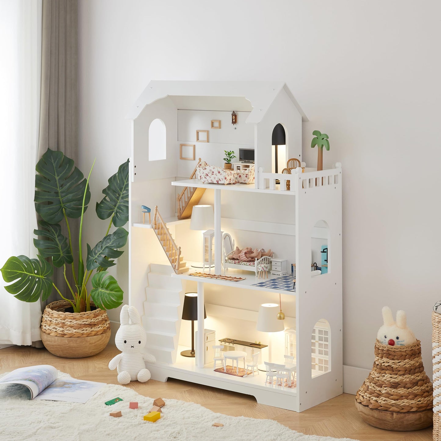 Ocinone Wooden Dollhouse Bookshelf - Toddler Doll House Bookcase, Extra Space Kids Toy Storage Book Shelf, 3-Tier Children Dollhouse, Pretend Play Toy House (Modern Flat Roof)