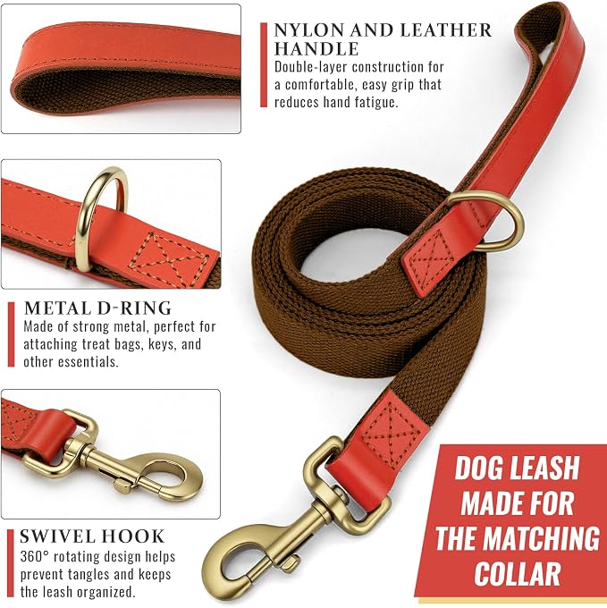 Dog Collar and Leash Set with Metal Quick Release Buckle, Adjustable, Breathable Nylon, Durable, Soft and Comfortable, No Pull for Walking and Training, Brown, XL (16.9"-26")