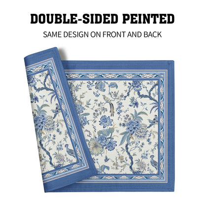 Giwawa 4PCs Chinoiserie Placemats Blue White Floral Birds Decorative Linen Table Mat 12"x18" Oriental Style Classic Flowers Heat Resistant Washable Place Mats for Kitchen Dining Party