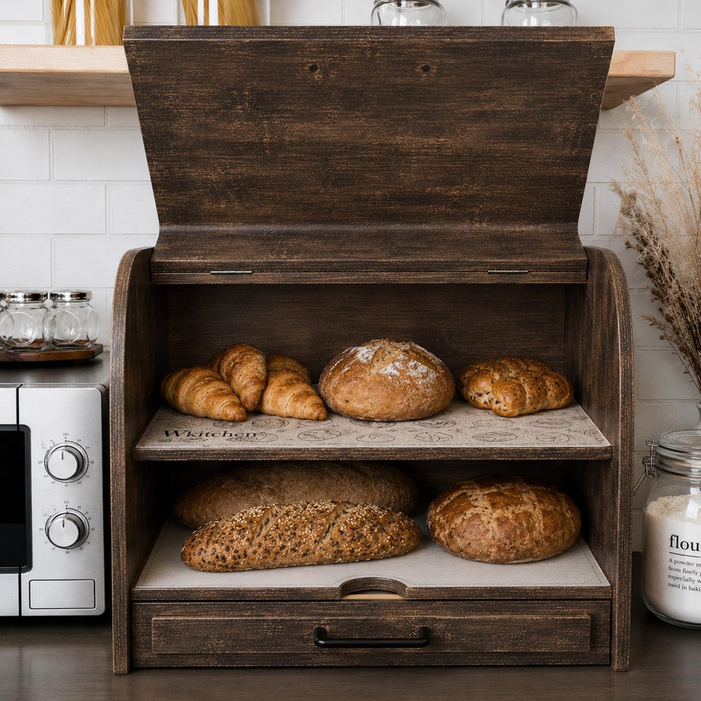 KNIFEPLANET Premium FULLY ASSEMBLED Rustic Bread Box – Extra Large Real Wood Bread Box for Kitchen Countertop Storage, Thick Durable Construction, Double Layer Design (17.5" x 10" x 12")