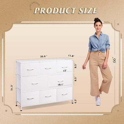 WLIVE 8 Drawer Dresser for Bedroom, Fabric White Dresser with Large Storage Drawer Unit for Entryway, Chest of Drawers for Living Room