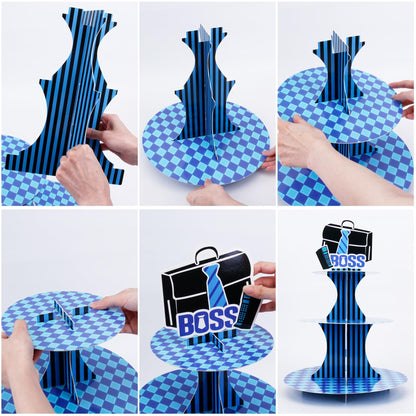 HAPPARTY Blue Black BOSS Theme 3-Tier Cupcake Stand 1PCS with 16PCS Cupcake Toppers, for Little Gentleman 1st 2nd Birthday Baby Shower Table Centerpiece Decorations