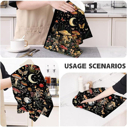 Mushroom Moth Kitchen Towels Decorative Set of 4, Witchy Dish Towels Absorbent