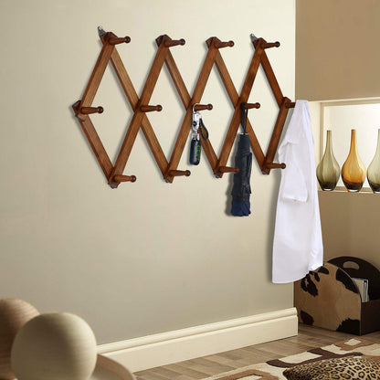 Dseap Accordian Wall Hanger: 16” High Wooden Wall Expandable Coat Rack, Hat Rack Holder, Accordion Hook for Baseball Caps, Coats, Mugs, 13 Peg Hooks, Brown