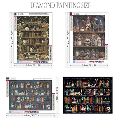 Axquilon 3 Pack Bookshelf Diamond Art Kits for Adults, Skull Diamond Painting Kits for Adults Beginner, DIY 5D Full Drill Gem Art for Home Wall Decor 12x16 inch