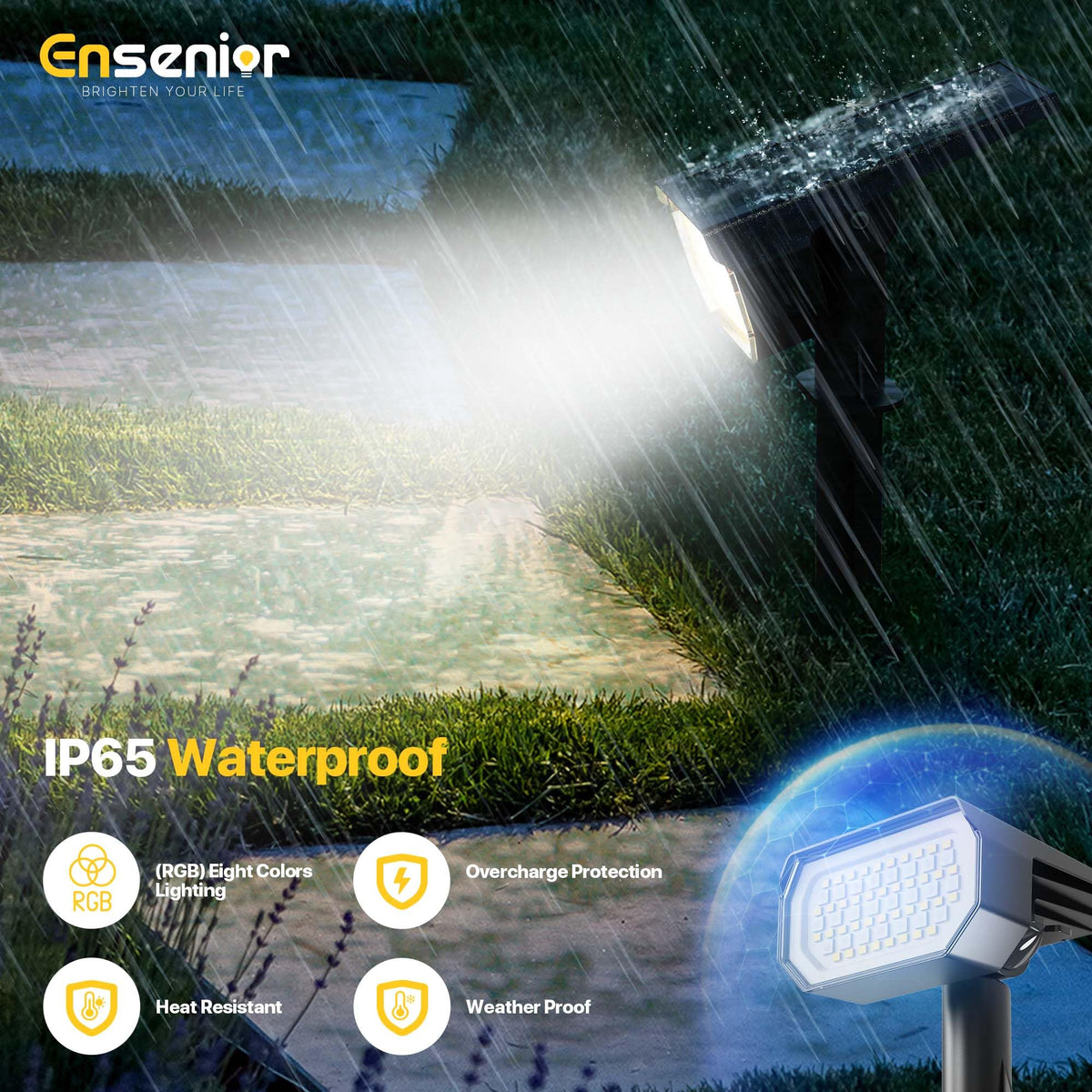 Ensenior Solar Spotlights Outdoor Waterproof RGB 7+1 Color Changing Landscape Lighting, Pack of 10, Model CP2-13CM-RGB-10-BL-ZY-M02