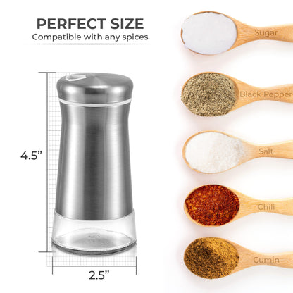 Salt Shaker or Pepper Shaker with Adjustable Pour Holes - Elegant Stainless Steel Spice Dispenser - Perfect for Himalayan, Table Salt, White and Black Pepper (Salt Shaker)