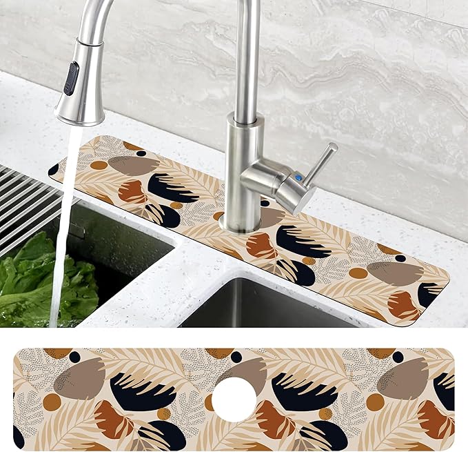 Boho Tropical Leaves Kitchen Sink Splash Guard Mat Absorbent Fast Drying Mat