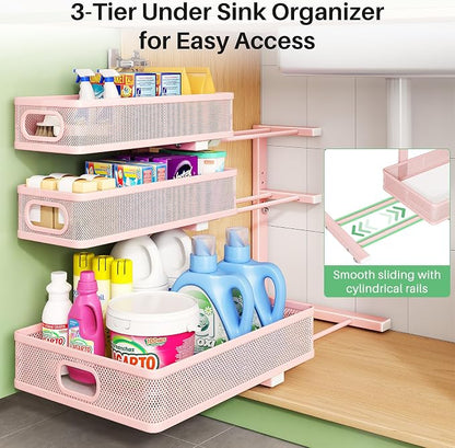 Kitstorack Under Sink Organizer, 1-Pack 3-Tier Height Adjustable Thickened Metal Pull out Cabinet Organizer Shelf, Slide out Storage Drawer Rack for Bathroom Kitchen Pantry Home Organization, Pink
