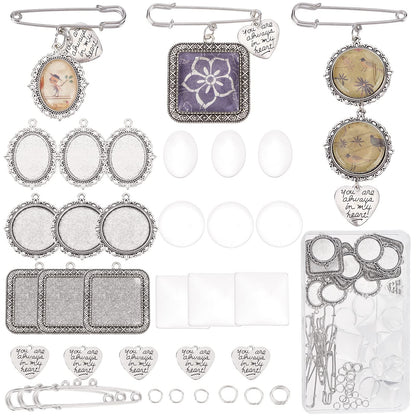 SUNNYCLUE 1 Box 65Pcs Wedding Bouquet Charms Memorial Picture Charm Oval Round Square Brooch Pins Glass Cabochons Silver Heart Pendants for Jewelry Making Women Men DIY 10Pcs Brooches Supply