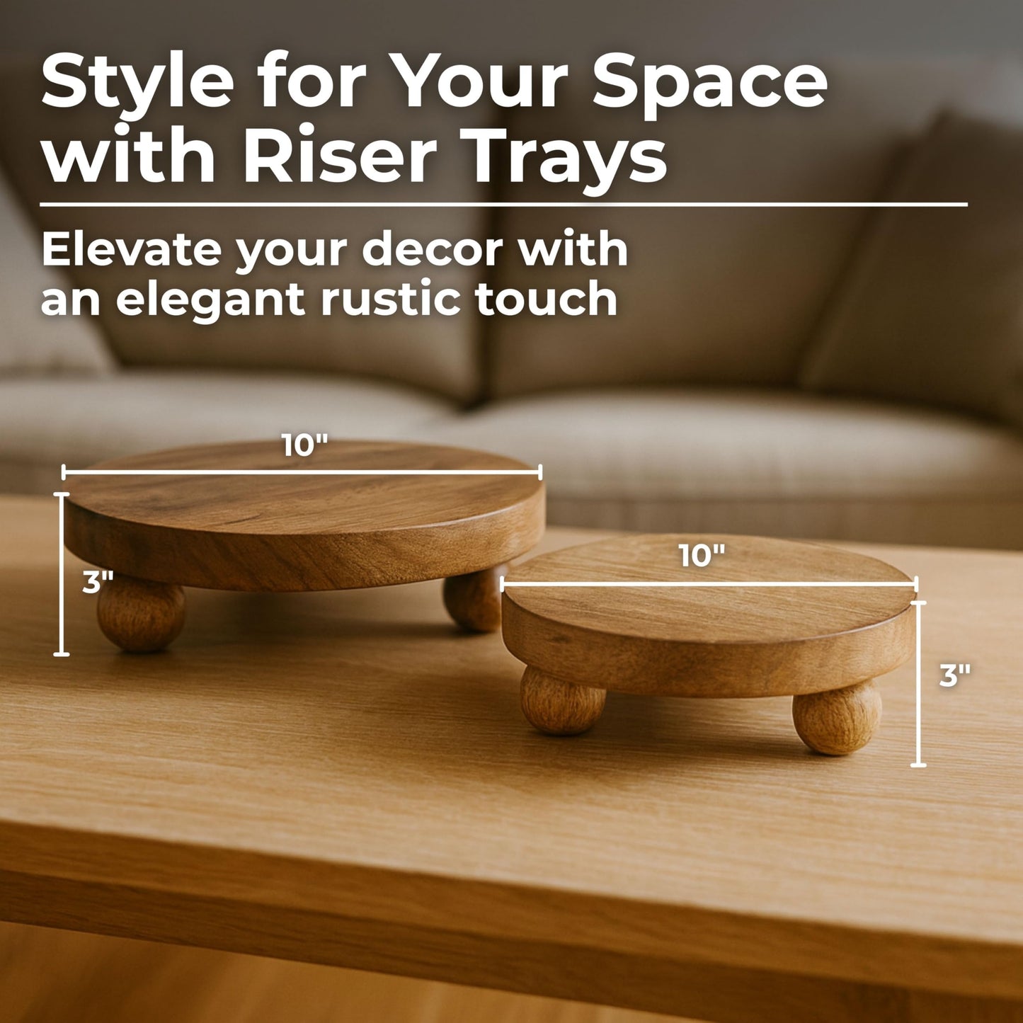 Set of 2 Round Wooden Riser Trays – Handcrafted Mango Wood Pedestal Stands – Rustic Decorative Home Decor for Modern Coffee Table, Kitchen, or Office – 10", Brown