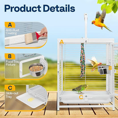 VIVOHOME 19 Inch Wrought Iron Bird Travel Carrier Cage for Parrots Conures Lovebird Cockatiel Parakeets White