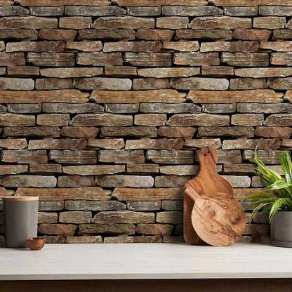 SMOOSTIKC 3D Faux Stone Wall Panels Peel and Stick, 10 Pcs 11.8" x 11.8", Stone-Look Textured Wall Sticker, Ultra-Light Thin PVC Fake Stone Wall Covering Tiles for Quick DIY, Brown with Green