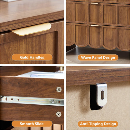 ORRD 3 Drawer Dresser for Bedroom, Modern Closet Chest of Drawers with Wave Fluted Drawer, Wood Storage Small Dresser Organizer for Nursery Bedroom Living Room Hallway Closet (Walnut)