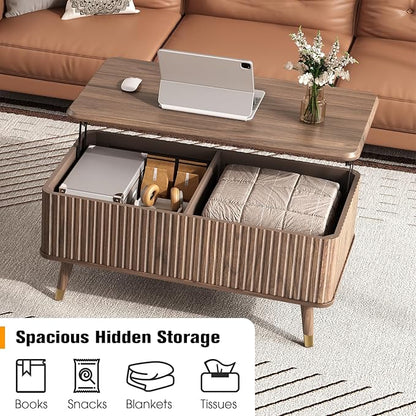Lift Top Coffee Table with Storage, Mid Century Modern Coffee Table with Solid Wood Legs, 38" Minimalist Fluted Center Table for Living Room, Home Office, Walnut