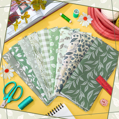 Hahafelt 10 Pcs Sage Green Quilting Fabric by The Yard 20 x 20 Inch Vintage Green Greenery Square Fabric Gingham Fat Quarters Bundle Material Precut Patchwork for Summer DIY Sewing Craft Supplies