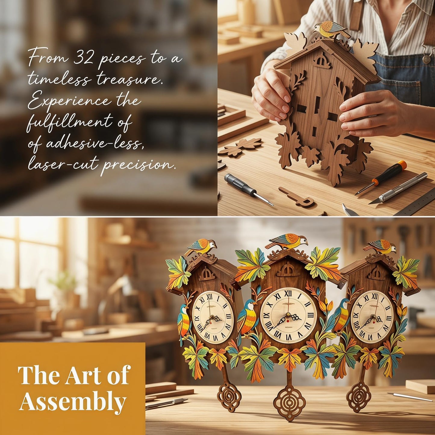 Hnyzlst Wooden Birdhouse Clock Puzzle—A 3D DIY Assembly kit for a Decorative wall Clock, Featuring Autumn Leaves and Bird Motifs, Perfect for Rustic Farmhouse-Style Decor in Kitchens and Living Rooms