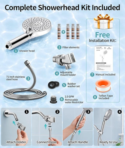 SR SUN RISE Filtered Shower Head with Handheld High Pressure 9 Spray Mode Showerhead Detachable Shower Head Water Softener Filters Beads for Hard Water Remove Chlorine 4 Filters Chrome