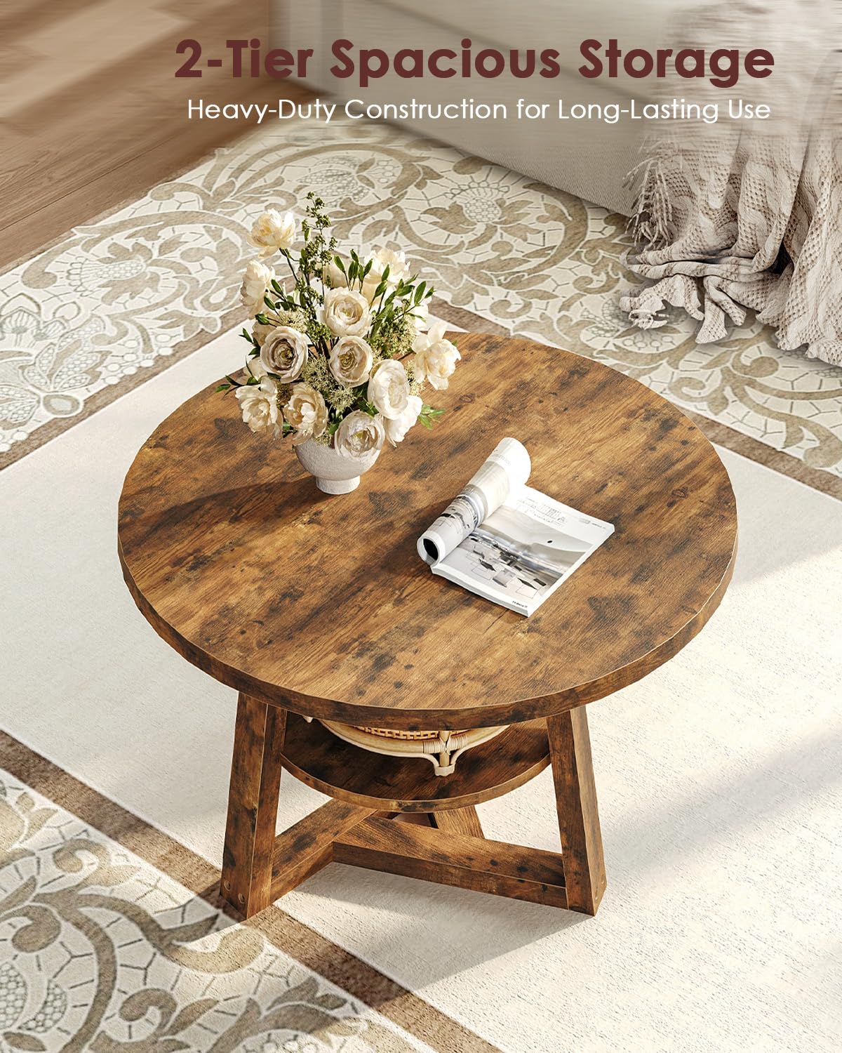 SANYOUNG Round Coffee Table, Small 2-Tier Center Table for Small Spaces