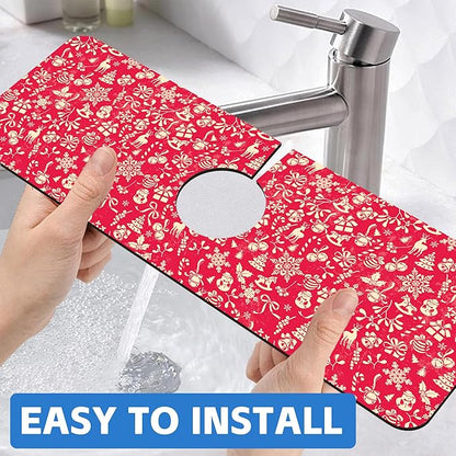 Christmas Reindeer Bell Snowflake Kitchen Sink Splash Guard Mat Absorbent Fast