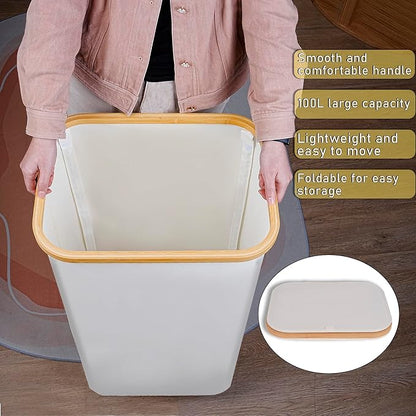 100L Laundry Hamper with Lid, Lagre Basket with Bamboo Handles, Foldable