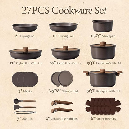 CAROTE 27-Piece Pots and Pans Set Non Stick with Detachable Handle, Nonstick Cookware Sets, Kitchen Cooking Set - Camping Cookware, Dishwasher & Oven Safe, Induction Compatible