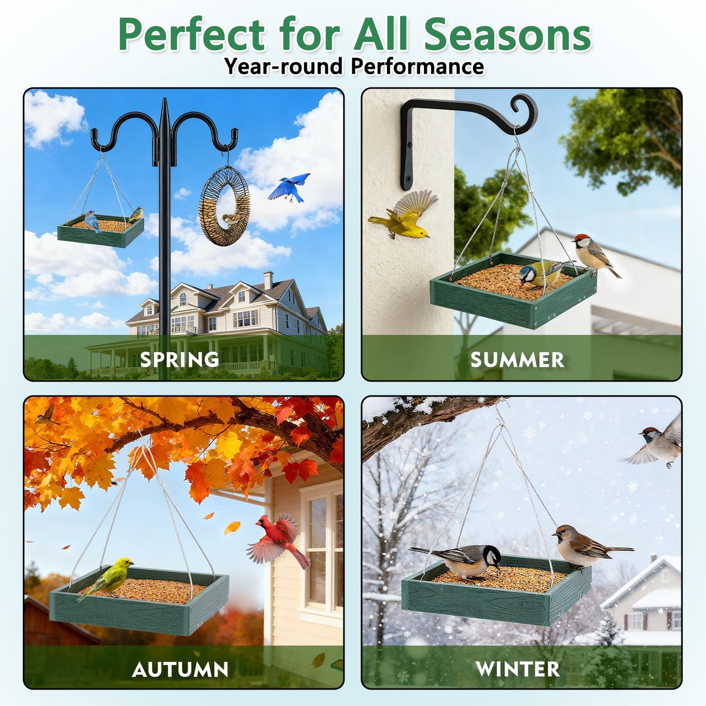 Gtongoko WPC Composite Platform Bird Feeder Hanging, Large 3.5 lbs Capacity, Durable, Seed Tray Bird Feeder for Outdoors with Metal Mesh Bottom Weather-Resistant for Garden Yard, Green